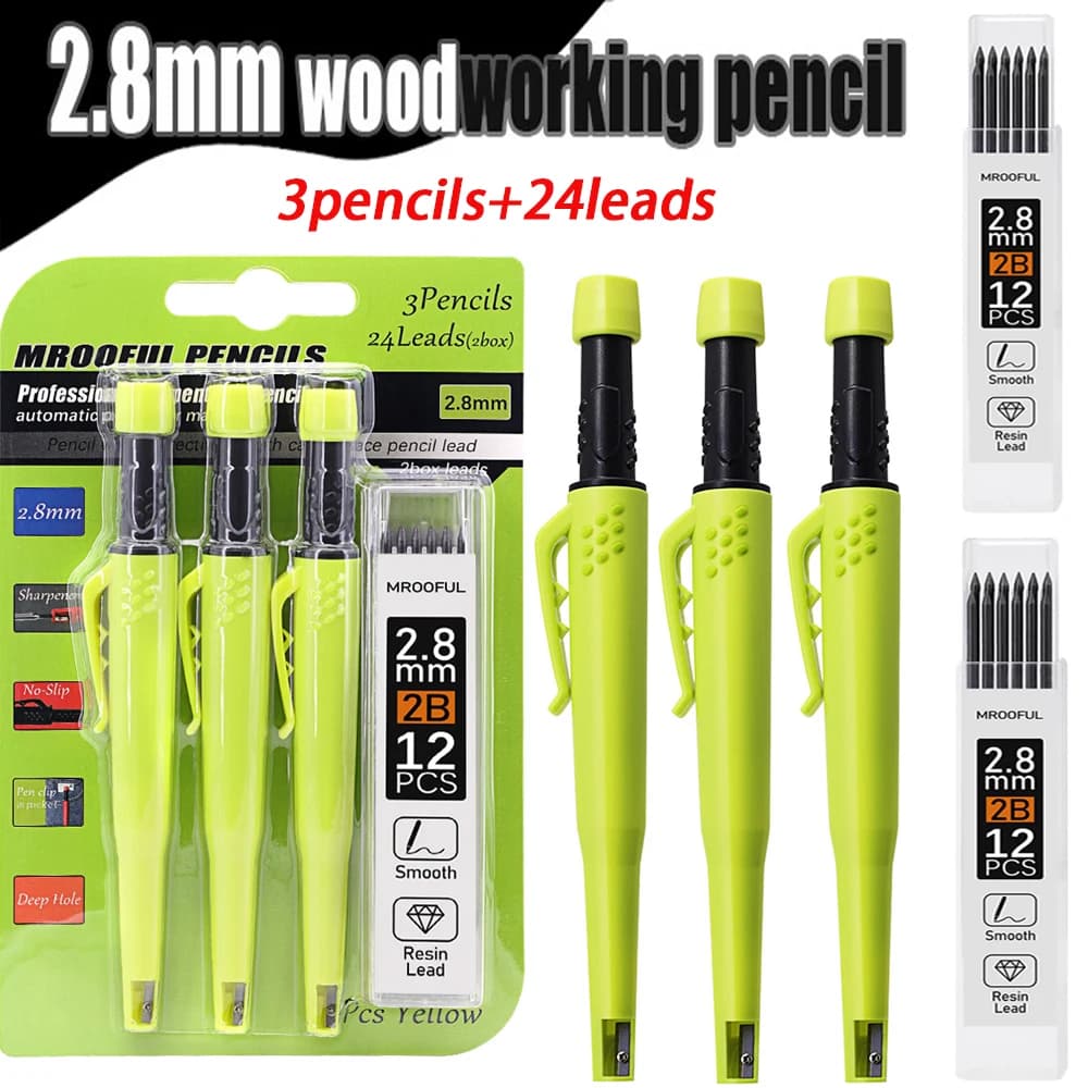 Professionelles Zimmermannsbleistift-Kartenset, zum Markieren und Zeichnen von Tiefenlöchern, mit 2,8 mm 2Box-Minen, für Zimmermanns- und