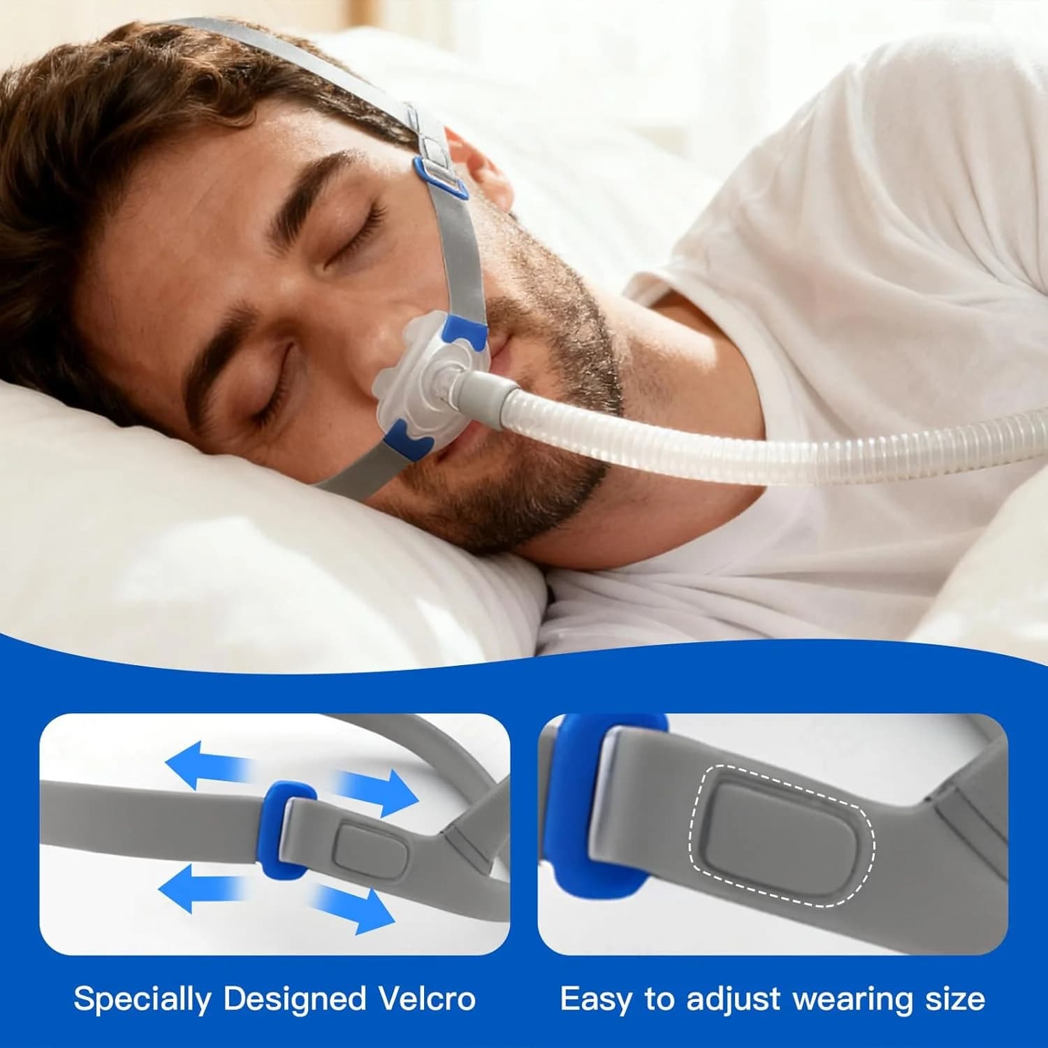 CPAP Nasenpolster-Maske, Nasenpolster-Set mit Abnehmbarem Kopfgurt, Rahmen, Schlauch und 3 Verschiedenen Größen Nasenpolster (S, M, L)