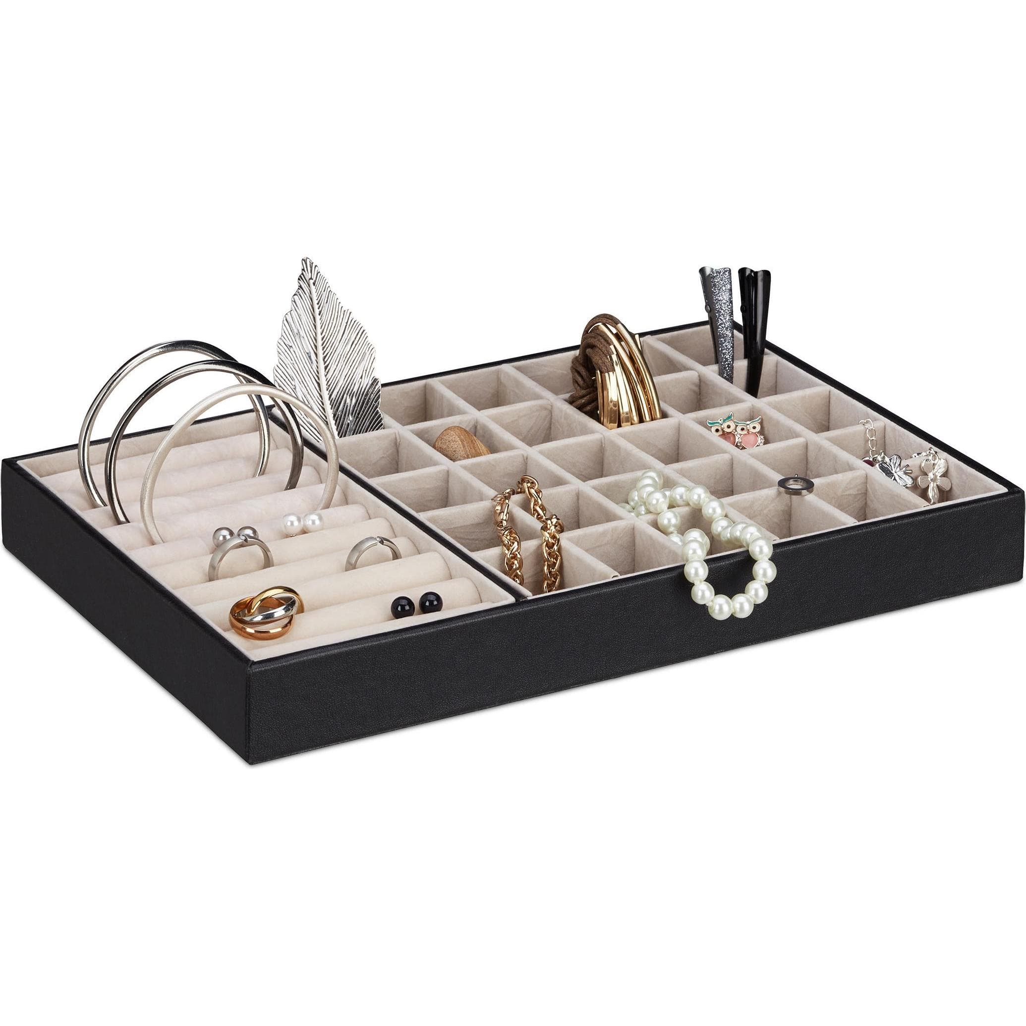 Relaxdays, Uhrenbox + Schmuckaufbewahrung, Schmucktablett, Schwarz