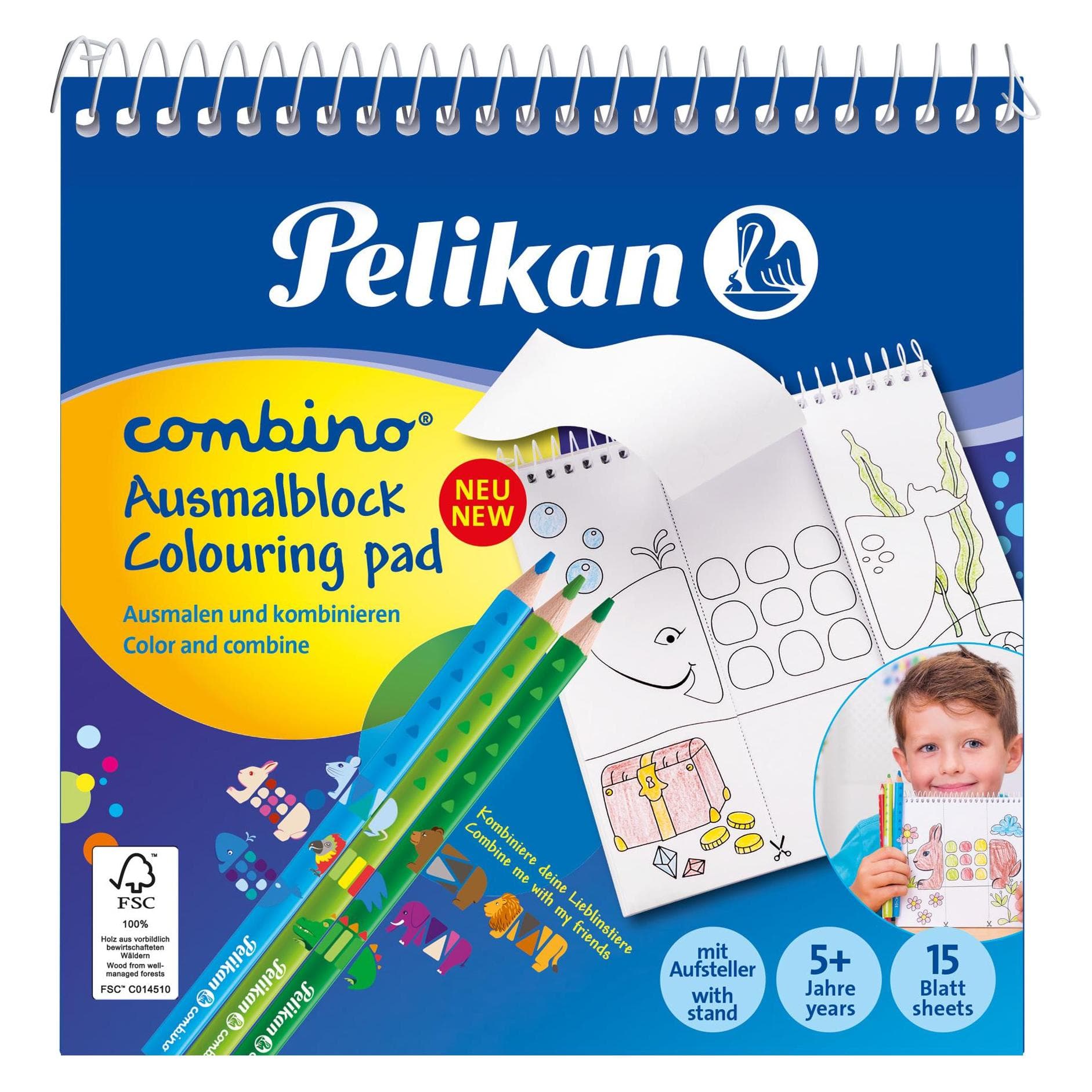 Pelikan, Heft + Block, Malblock Combinox15cm 811231 Blatt Tier-Motive (15 x 15 cm, Harter Einband)