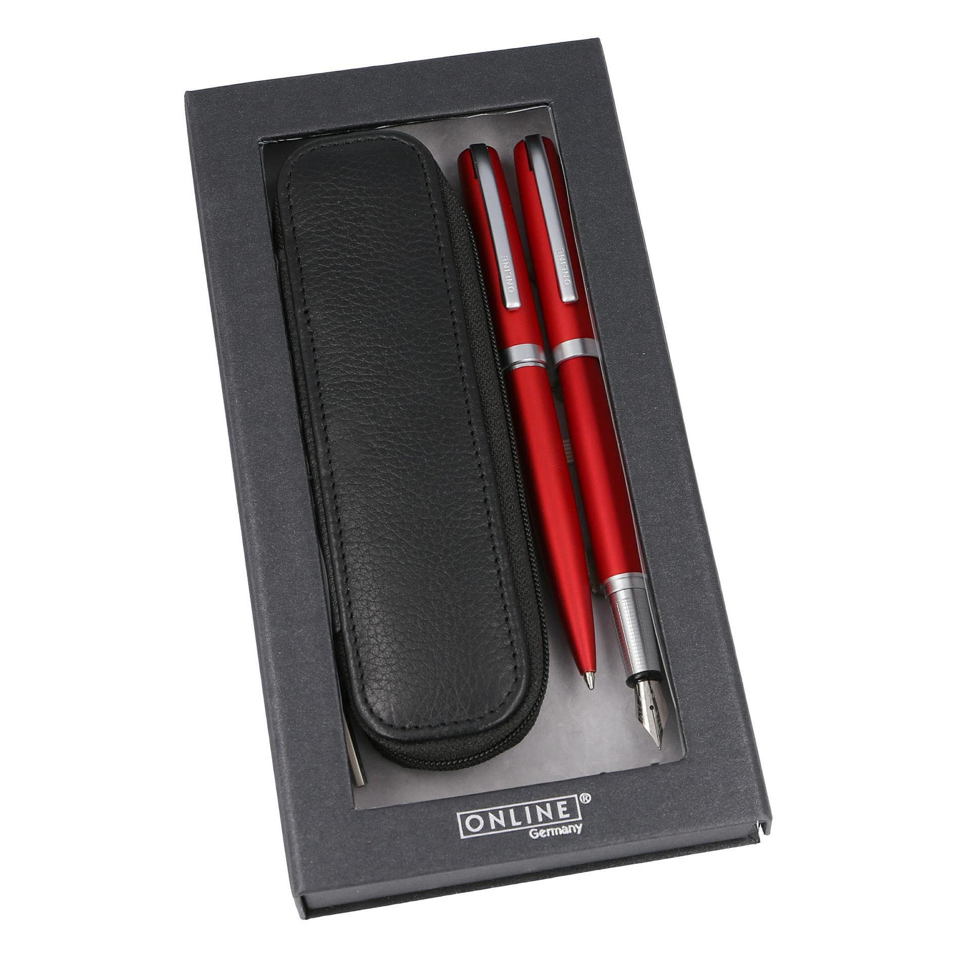 Online, Schreibstifte, Geschenkset Eleganza 34644 satin red, Lederetui (2x)