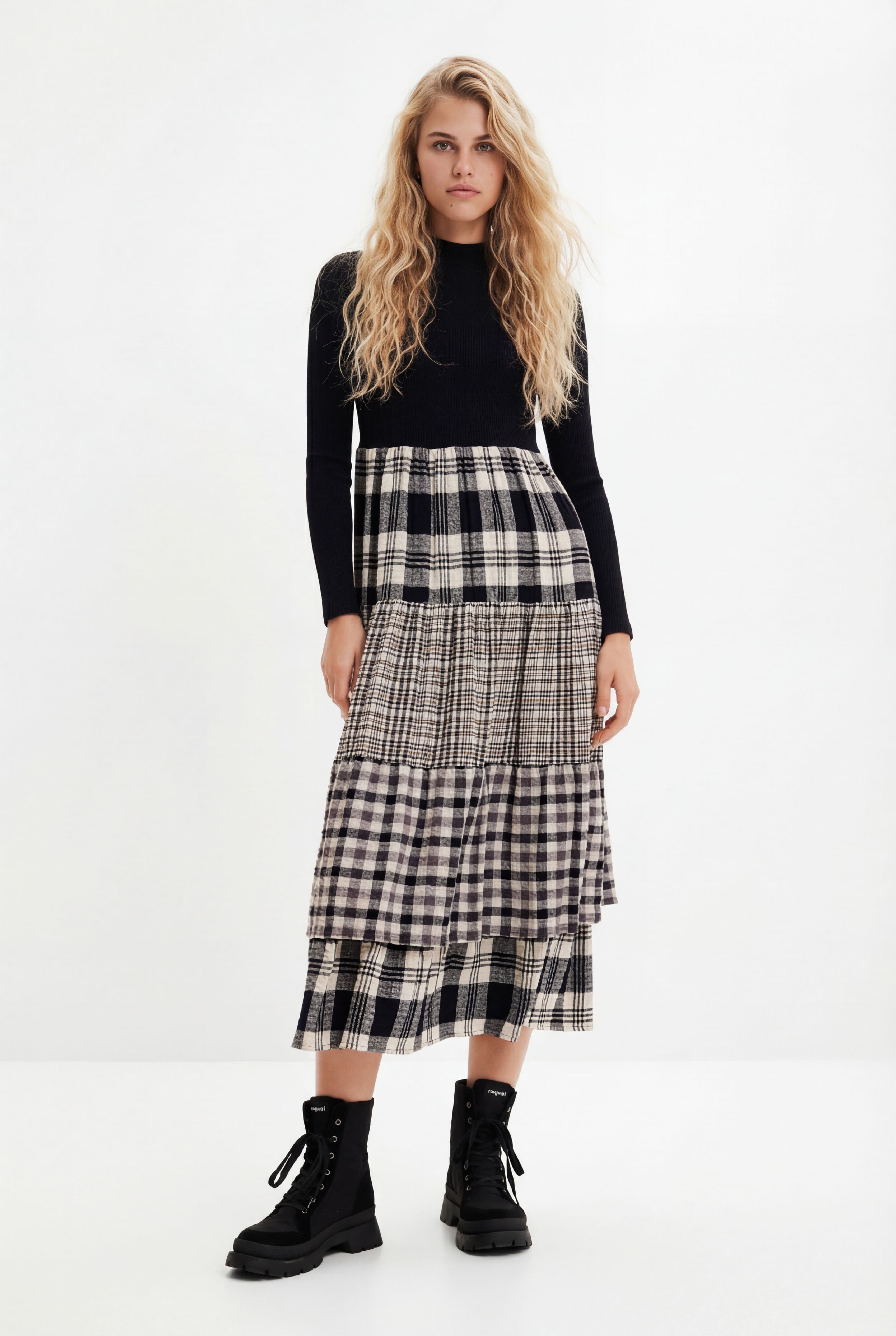 Desigual, Midikleid mit Schottenrock, Schwarz, M